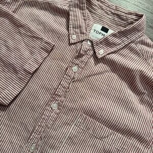 Topman Shirt Mens Large Red White Striped Cotton Casual Short Sleeve Seersucker